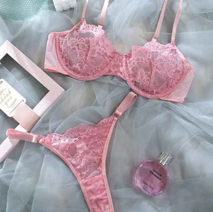 Pink Lace Wired Bra And Panties Set