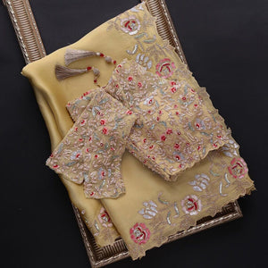 Yellow Colour Embroidery And Thread Work Saree With Blouse