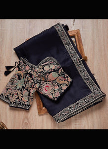 Dark Navy Blue Color With Embroidery Work Lace Border Saree With Blouse