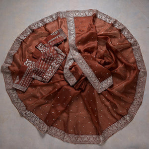 Wood Beigh Colour Rangoli Silk Embroidery Work Saree With Blouse