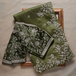 Beautiful Look Green Colored Heavy Blouse Embroidery Saree With Blouse