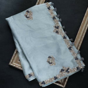 Sequins Embroidered Sky Blue Colour Party Wear Saree With Blouse