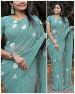 New Pure Georgette Beautiful Heart Embroidery Saree With Blouse(Unstitched)